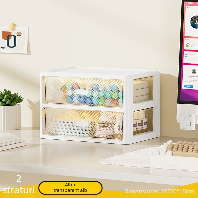 Cutie de depozitare pentru birou cu raft cu sertare, organizator transparent cu mai multe niveluri, din plastic, capacitate 35 L