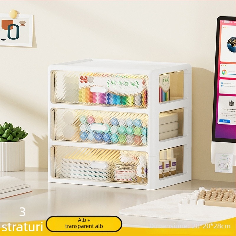 Cutie de depozitare pentru birou cu raft cu sertare, organizator transparent cu mai multe niveluri, din plastic, capacitate 35 L