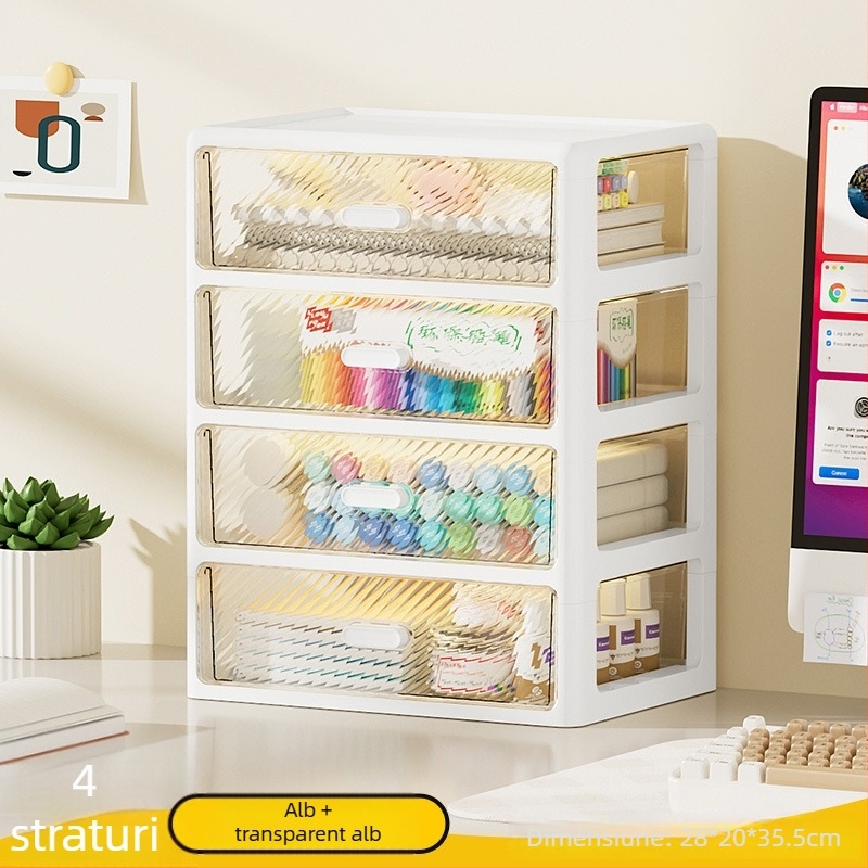 Cutie de depozitare pentru birou cu raft cu sertare, organizator transparent cu mai multe niveluri, din plastic, capacitate 35 L