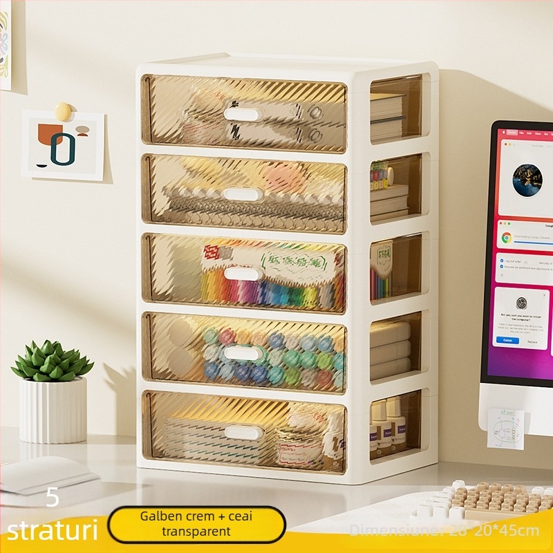 Cutie de depozitare pentru birou cu raft cu sertare, organizator transparent cu mai multe niveluri, din plastic, capacitate 35 L