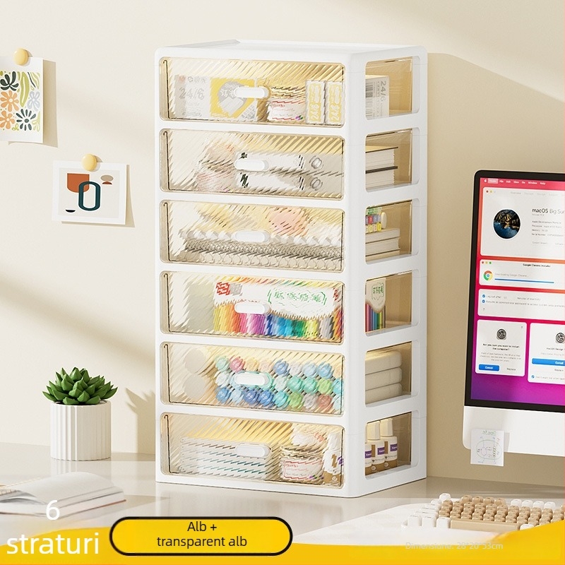 Cutie de depozitare pentru birou cu raft cu sertare, organizator transparent cu mai multe niveluri, din plastic, capacitate 35 L