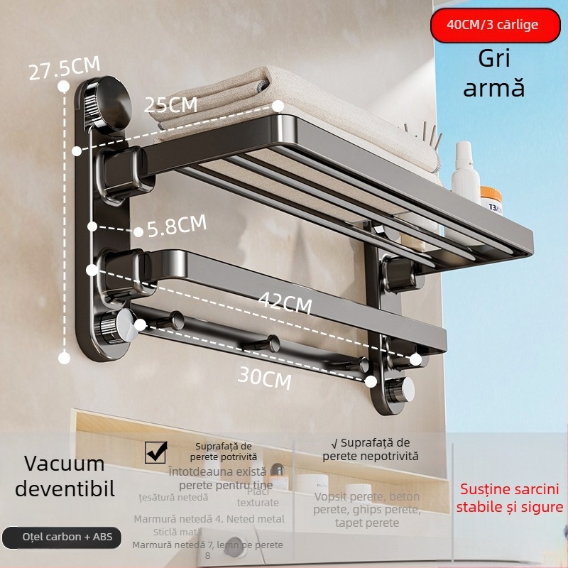 Oginsk suport metal pentru prosoape de baie, prindere cu ventuză, fără găuri, cu tijă de agățare integrată