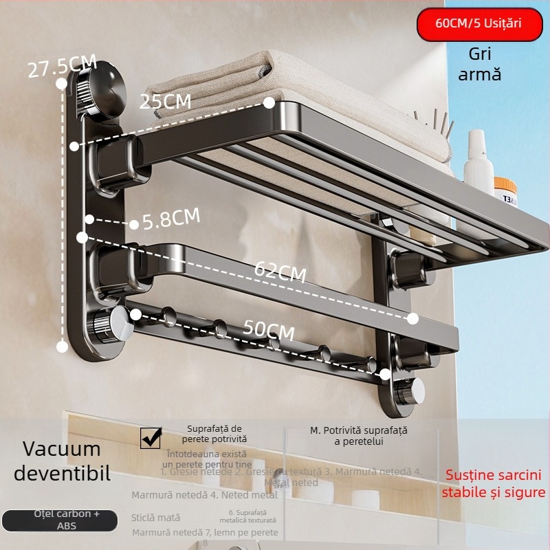 Oginsk suport metal pentru prosoape de baie, prindere cu ventuză, fără găuri, cu tijă de agățare integrată