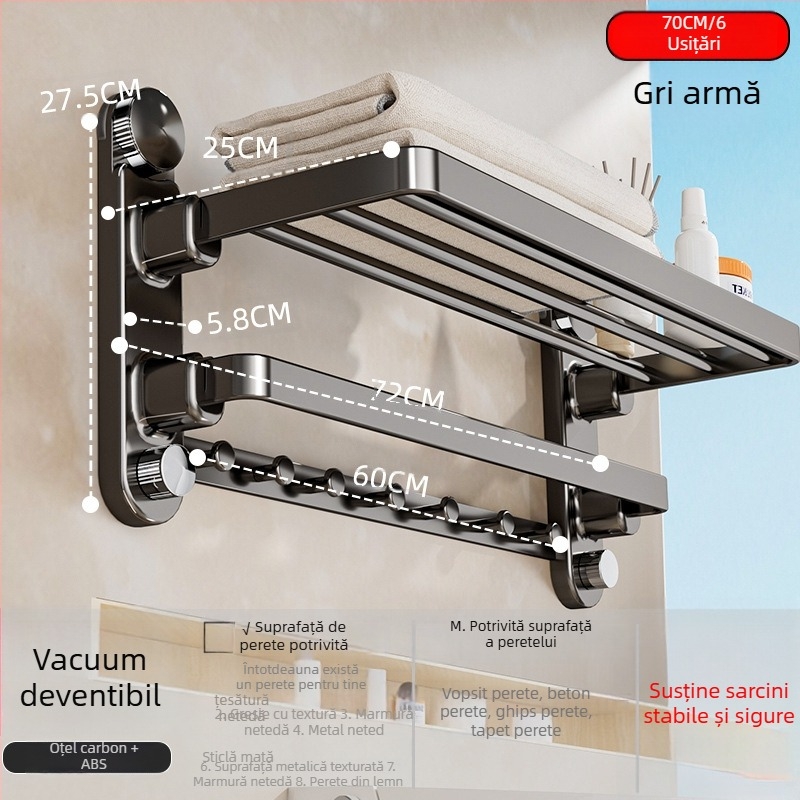Oginsk suport metal pentru prosoape de baie, prindere cu ventuză, fără găuri, cu tijă de agățare integrată
