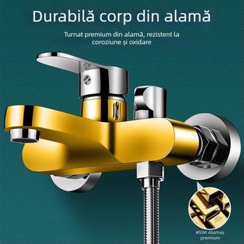 Set de duș încastrat pe perete din cupru, cu funcții de spray, masaj, bule și ploaie; cap de duș rotund; temperatură de lucru 0-80°C