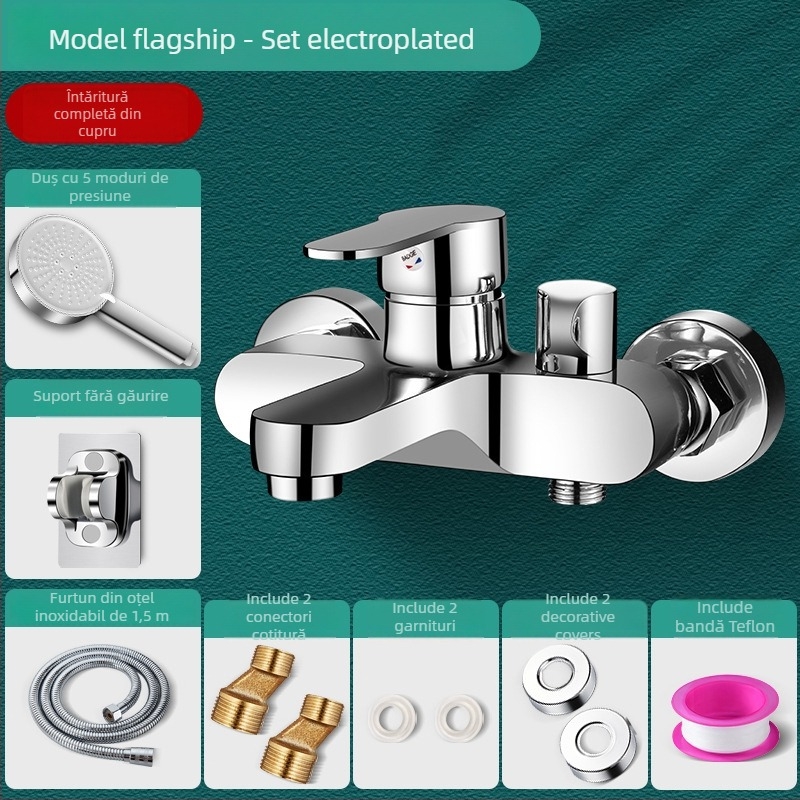 Set de duș încastrat pe perete din cupru, cu funcții de spray, masaj, bule și ploaie; cap de duș rotund; temperatură de lucru 0-80°C