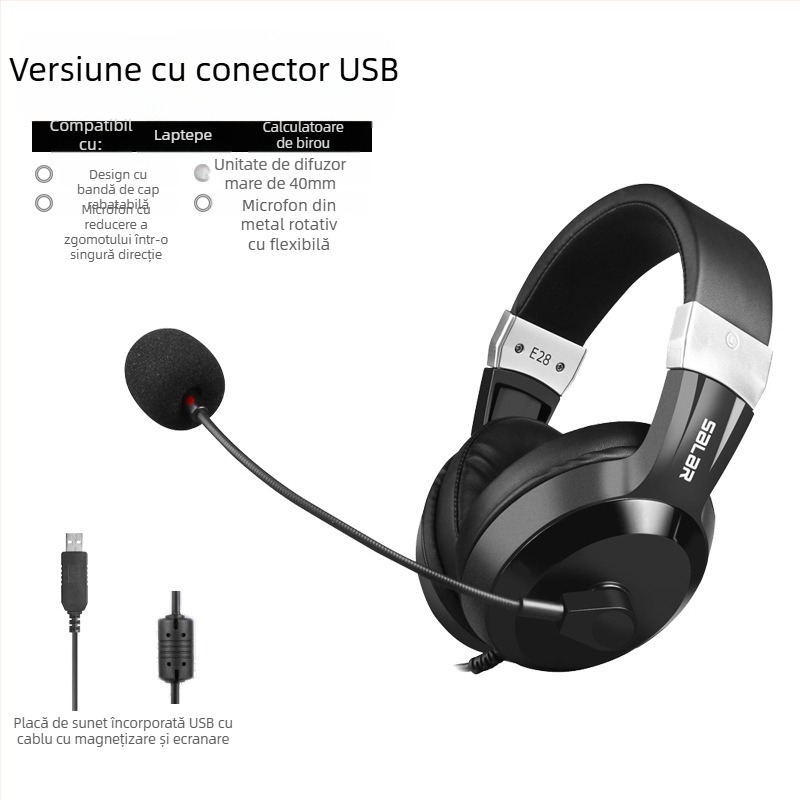 Set de căști USB cu fir, cu placă de sunet încorporată și microfon, difuzoare de 40 mm, răspuns în frecvență 20 kHz, impedanță 32 Ω, lungime cablu 2,7 m
