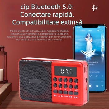 C6 player MP3 karaoke Bluetooth multifuncțional cu afișaj digital; redare USB/TF; Ieșire 5W; SNR ≥53 dB; baterie 1000–1999 mAh
