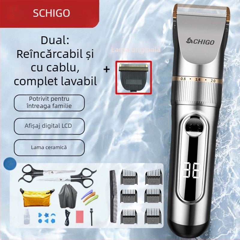 Mașină de tuns electrică pentru uz casnic - lame ceramice, baterie încorporată 1000-1200 mAh, autonomie 1-3 h, corp complet lavabil, afișaj digital