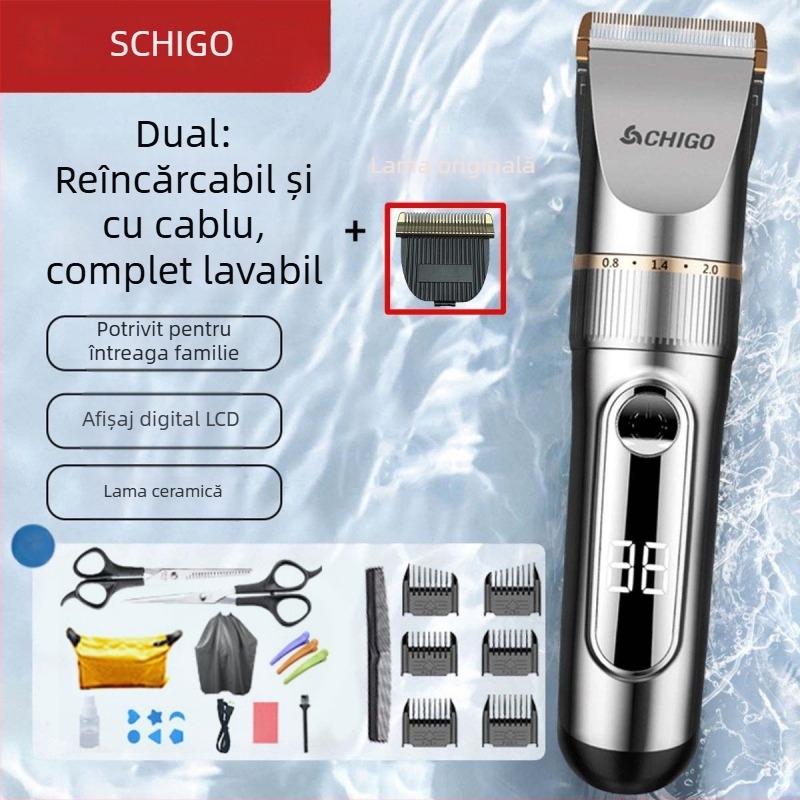 Mașină de tuns electrică pentru uz casnic - lame ceramice, baterie încorporată 1000-1200 mAh, autonomie 1-3 h, corp complet lavabil, afișaj digital