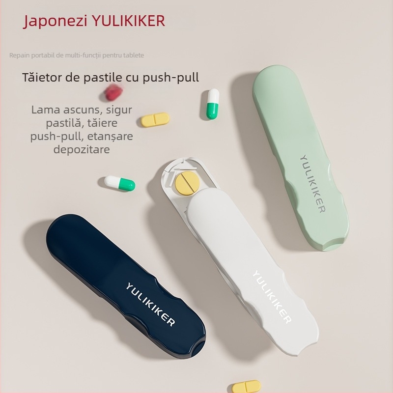 Cutie pentru medicamente cu secționator de pastile și distribuator | Model M5673 | Material: ABS și oțel inoxidabil 420 | Capacitate 0,005 L | Portabilă cu capac