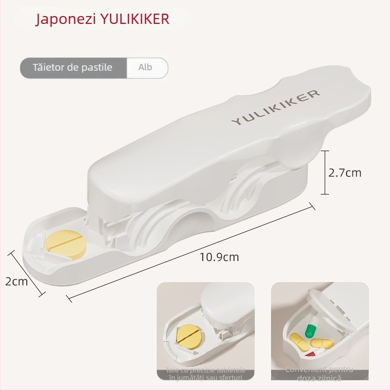 Cutie pentru medicamente cu secționator de pastile și distribuator | Model M5673 | Material: ABS și oțel inoxidabil 420 | Capacitate 0,005 L | Portabilă cu capac