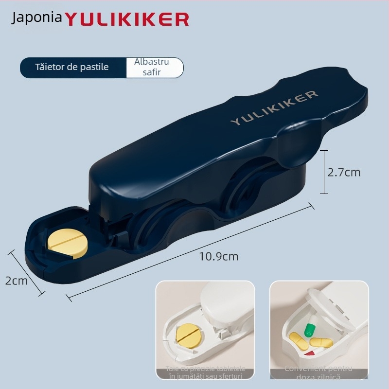Cutie pentru medicamente cu secționator de pastile și distribuator | Model M5673 | Material: ABS și oțel inoxidabil 420 | Capacitate 0,005 L | Portabilă cu capac