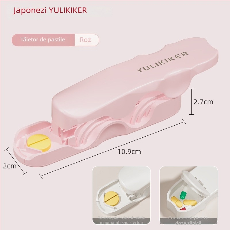 Cutie pentru medicamente cu secționator de pastile și distribuator | Model M5673 | Material: ABS și oțel inoxidabil 420 | Capacitate 0,005 L | Portabilă cu capac