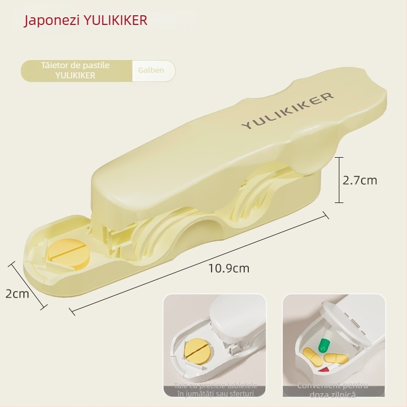 Cutie pentru medicamente cu secționator de pastile și distribuator | Model M5673 | Material: ABS și oțel inoxidabil 420 | Capacitate 0,005 L | Portabilă cu capac