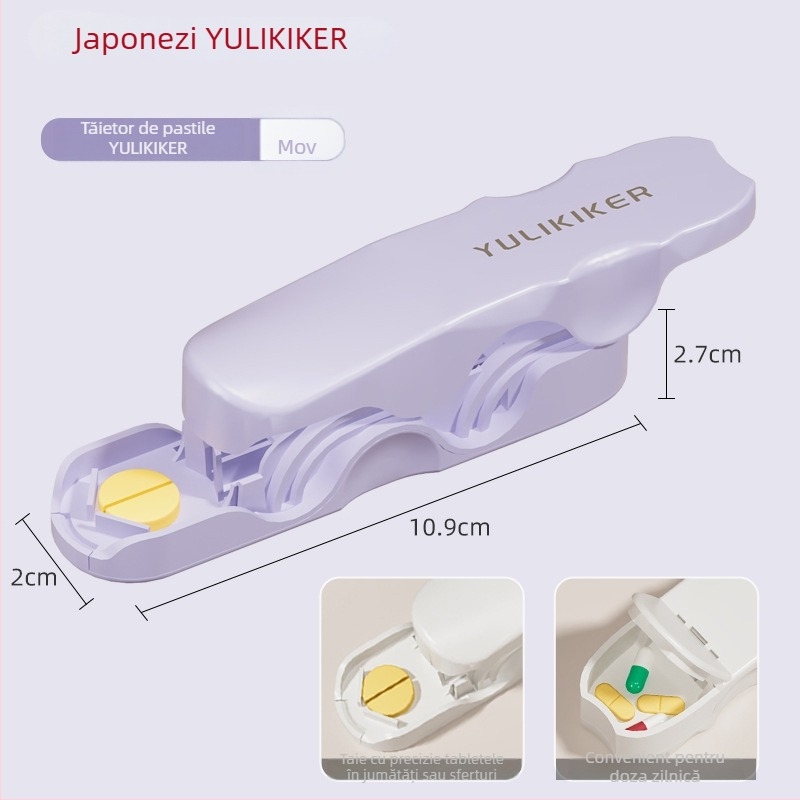 Cutie pentru medicamente cu secționator de pastile și distribuator | Model M5673 | Material: ABS și oțel inoxidabil 420 | Capacitate 0,005 L | Portabilă cu capac
