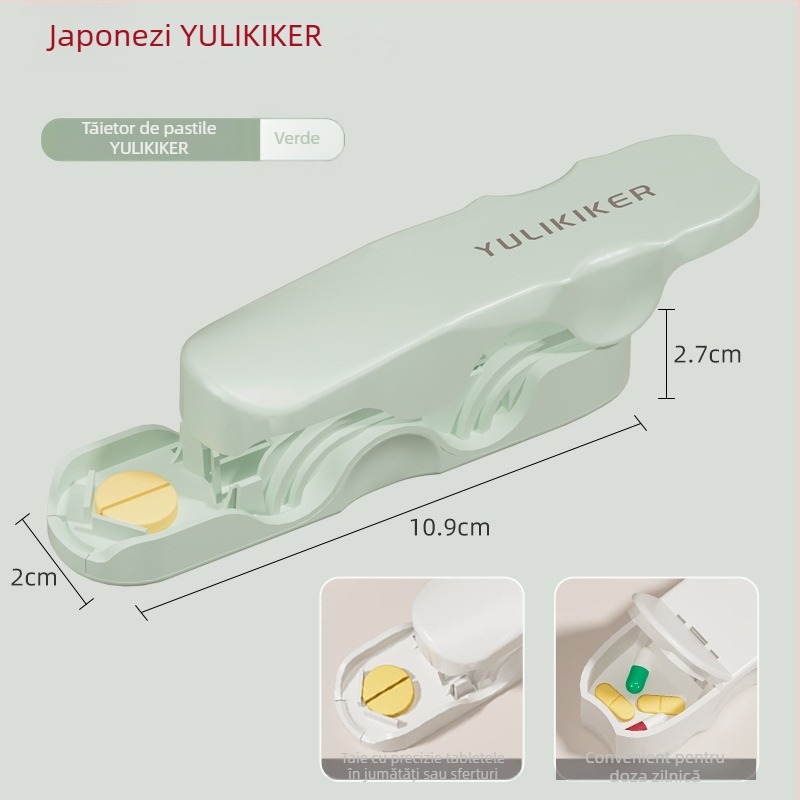 Cutie pentru medicamente cu secționator de pastile și distribuator | Model M5673 | Material: ABS și oțel inoxidabil 420 | Capacitate 0,005 L | Portabilă cu capac