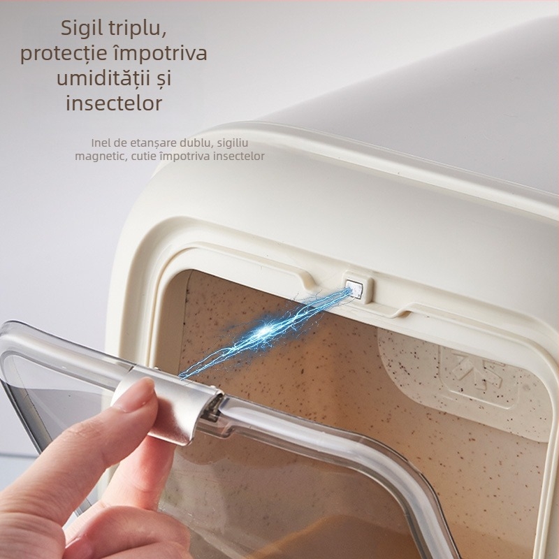 Cutie de depozitare pentru orez, sigilată, rezistentă la umiditate și insecte; material: plastic PP; design modern minimalist.