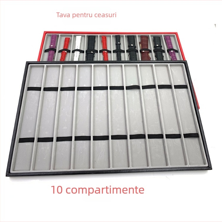 Raft de afișaj pentru ceasuri cu 10 compartimente – depozitare pentru ceasuri; Materiale: MDF, blister, piele PU, flanel; toleranță 3–5 mm; ambalare bijuterii
