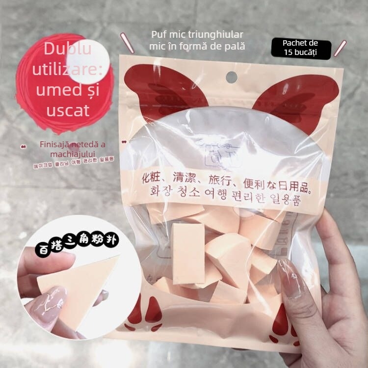 Burete de pudră de unică folosință, triunghiular pentru machiaj, utilizare uscată și umedă, material: burete, 15 bucăți pe pachet