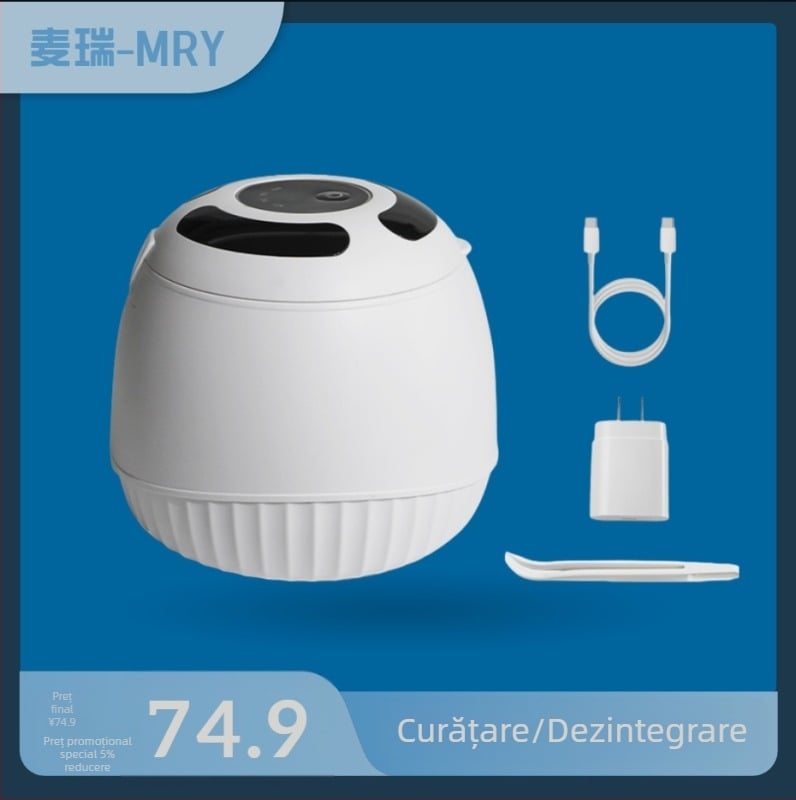 Curățitor ultrasonic pentru uz casnic — proteze și bijuterii; 45 kHz, 12 V, alimentare USB, capacitate 300 ml, funcționare mecanică.