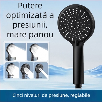 Cap de duș presurizat, reglaj în cinci trepte, ieșire mare pe panou și interfață universală