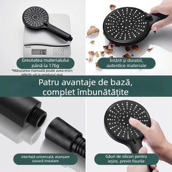 Cap de duș presurizat, reglaj în cinci trepte, ieșire mare pe panou și interfață universală
