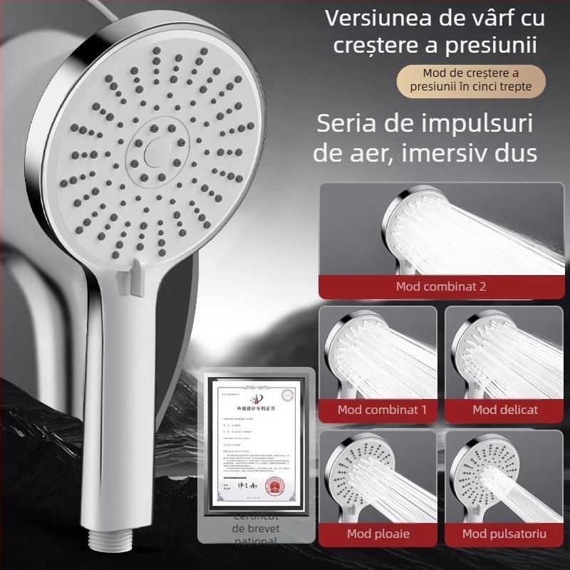 Cap de duș presurizat, reglaj în cinci trepte, ieșire mare pe panou și interfață universală