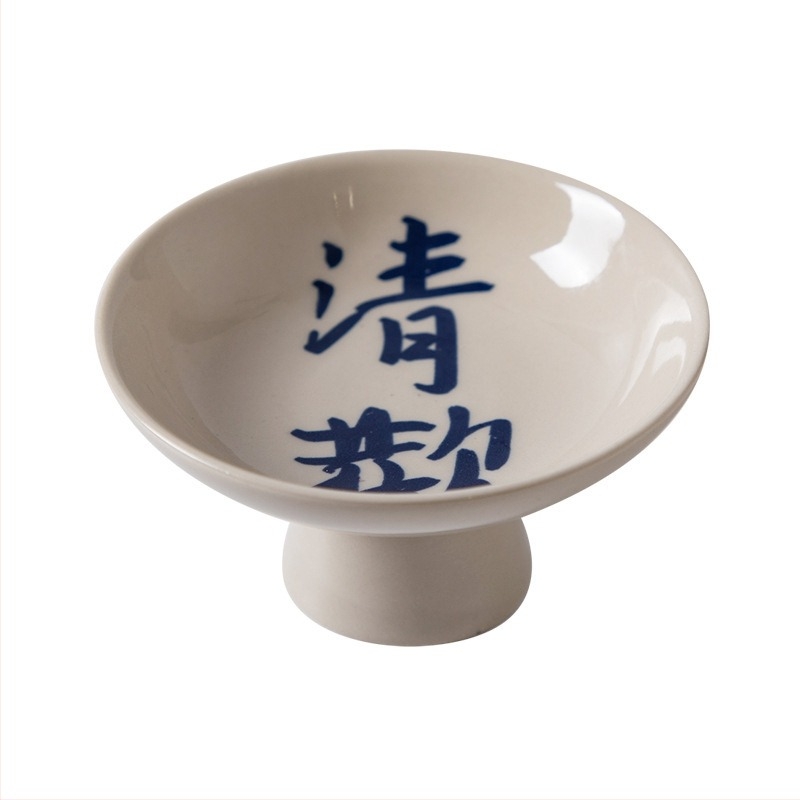 Farfurie ceramică pictată manual, cu picioare înalte, pentru ofrande budiste, fructe și gustări de ceai; rezistentă la microunde; imprimare logo și personalizare disponibile