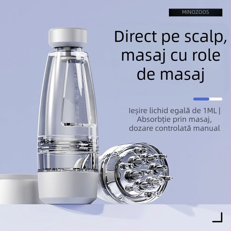 Aplikator special pentru scalp cu rolă pentru ulei esențial și soluții nutritive – masaj portabil, baterie încorporată 800–1000 mAh, IPX0