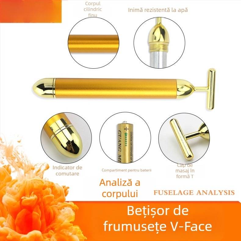 Tip T, Masaj electric pentru față cu aur 24K, pentru lifting V-Face – Instrument de înfrumusețare facială, cu o singură viteză, pentru uz casnic