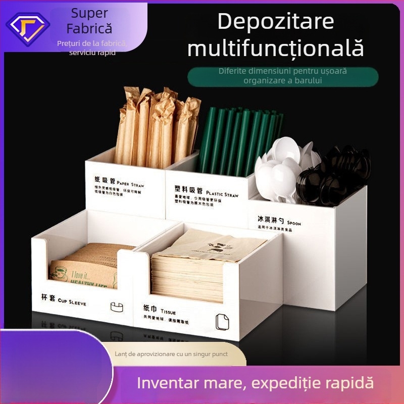 Cutie de depozitare pentru paie și șervețele, plastic, suprafață netedă, formă pătrată, stil modern minimalist