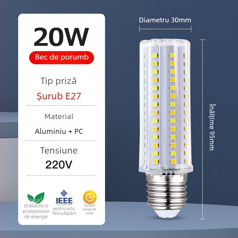 Lampă LED de porumb – protecție pentru ochi, fără pâlpăire, 20W • 112 LED • 2000 lm • fascie 360° • bază E27