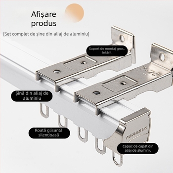 Șină de draperii robustă, silențioasă, cu dublă șină, montaj superior și lateral, șină dreaptă