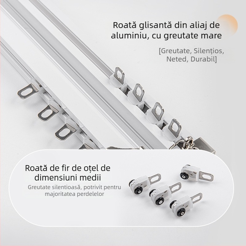 Șină de draperii robustă, silențioasă, cu dublă șină, montaj superior și lateral, șină dreaptă