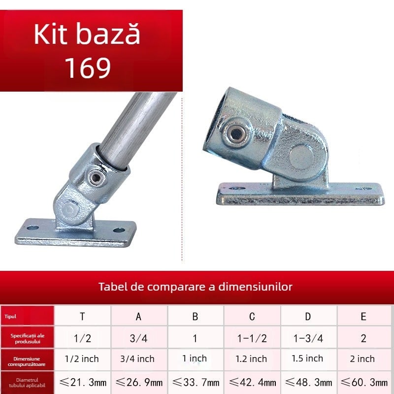 Conectori din țevi din oțel fără sudură pentru pereți și podea – kit bază pentru îmbinări fixe, oțel turnat, zincare la cald, modele variate