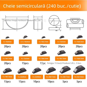 Set de pini de cheie din oțel carbon, 530 buc., pini rotunzi, semi-rotunzi și chei paralele cu colțuri rotunjite