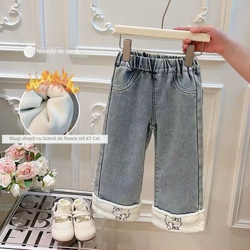 Jeans pentru fetițe, denim Cowboy, imprimeu Cartoon, talie medie, talie cu elastic, 75% bumbac