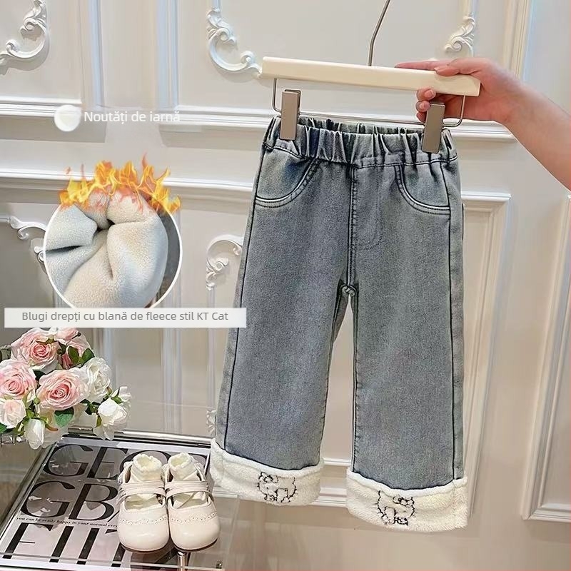 Jeans pentru fetițe, denim Cowboy, imprimeu Cartoon, talie medie, talie cu elastic, 75% bumbac