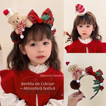 Bentiță pentru copii pentru păr, cu design de urs și flori de mătase (Brand: Fupo; Material: Flori de mătase; Sărbătoare: Crăciun)