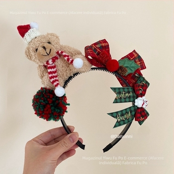 Bentiță pentru copii pentru păr, cu design de urs și flori de mătase (Brand: Fupo; Material: Flori de mătase; Sărbătoare: Crăciun)