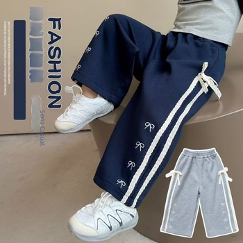 Pantaloni copii leisure, croială dreaptă, cu detaliu funda, poliester cu elastan 85%, talie medie