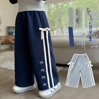 Pantaloni copii leisure, croială dreaptă, cu detaliu funda, poliester cu elastan 85%, talie medie