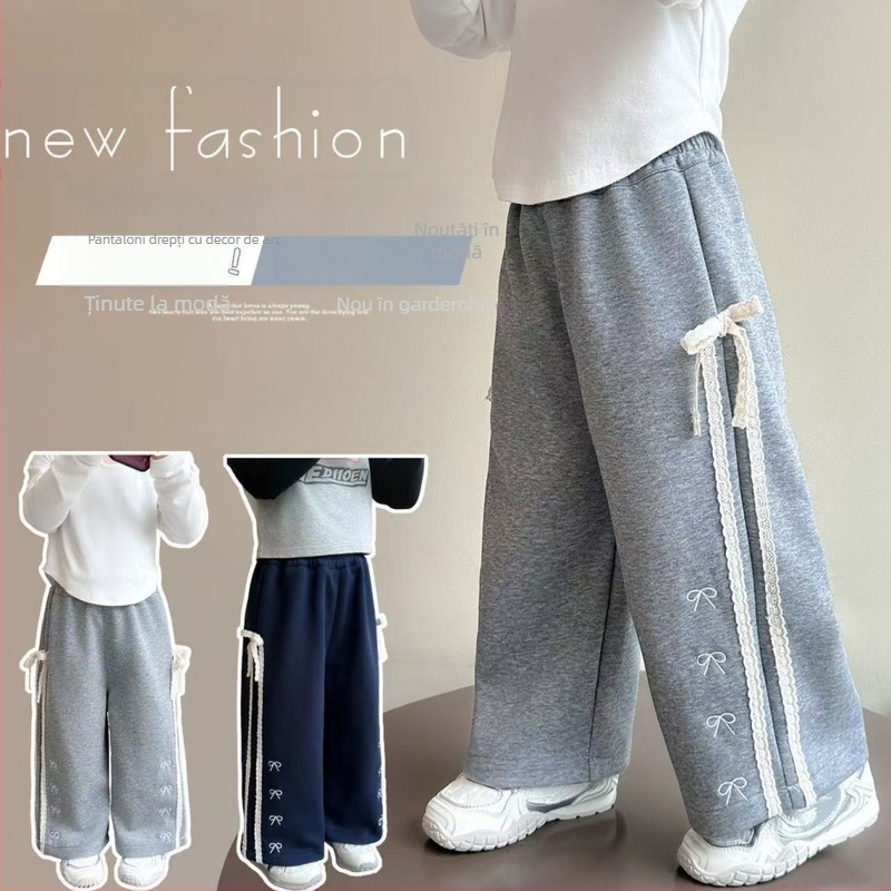 Pantaloni copii leisure, croială dreaptă, cu detaliu funda, poliester cu elastan 85%, talie medie