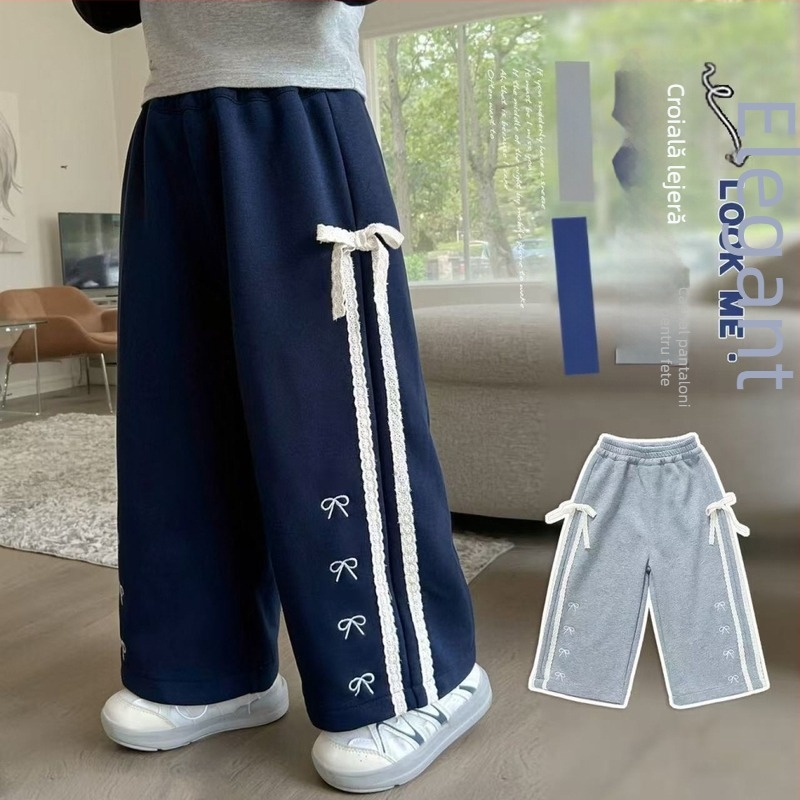 Pantaloni copii leisure, croială dreaptă, cu detaliu funda, poliester cu elastan 85%, talie medie