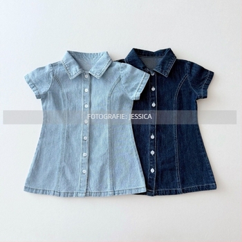 Rochie din denim pentru fete, din bumbac, stil coreean, croială în A, mâneci scurte