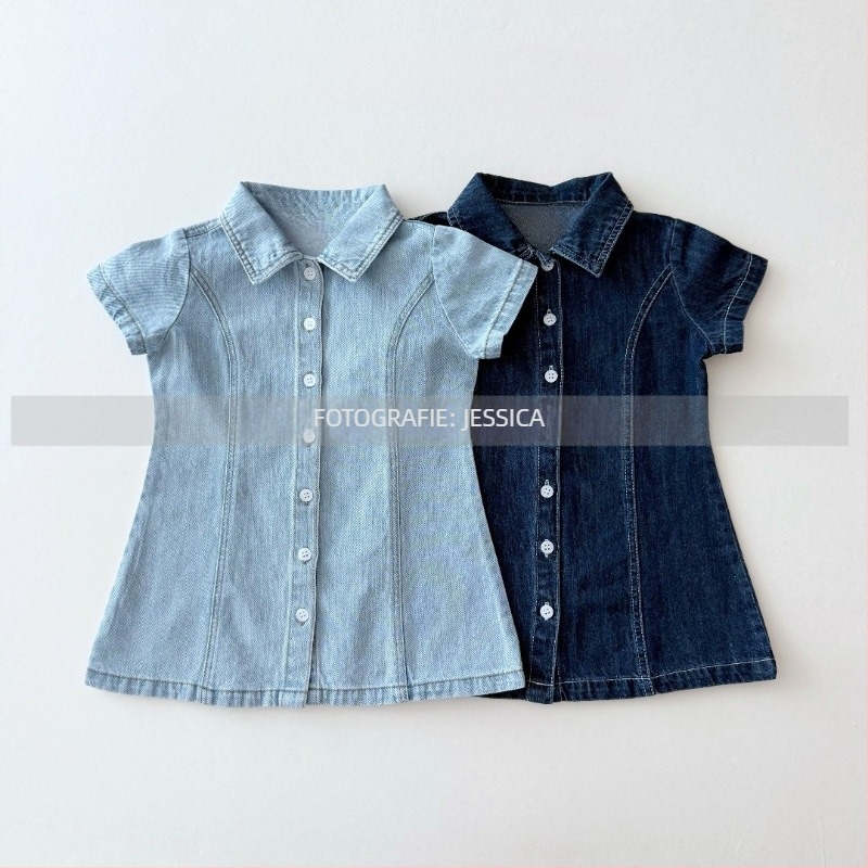 Rochie din denim pentru fete, din bumbac, stil coreean, croială în A, mâneci scurte