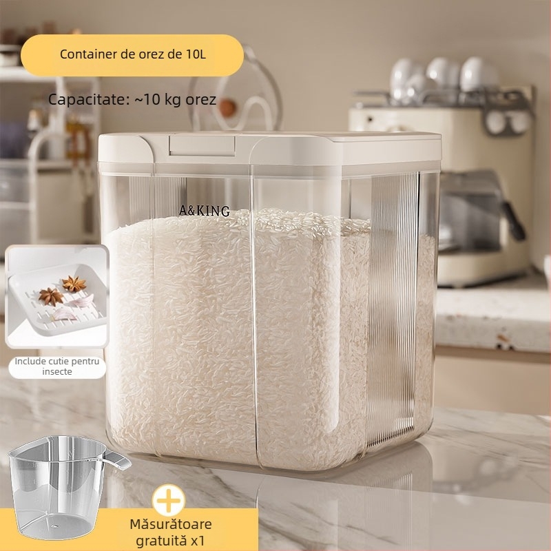 Cutie de depozitare pentru orez – sigilată, rezistentă la umezeală și insecte; ABS+PET; capacitate 10 L; brand A&KING