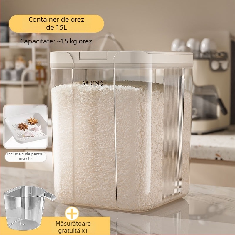 Cutie de depozitare pentru orez – sigilată, rezistentă la umezeală și insecte; ABS+PET; capacitate 10 L; brand A&KING