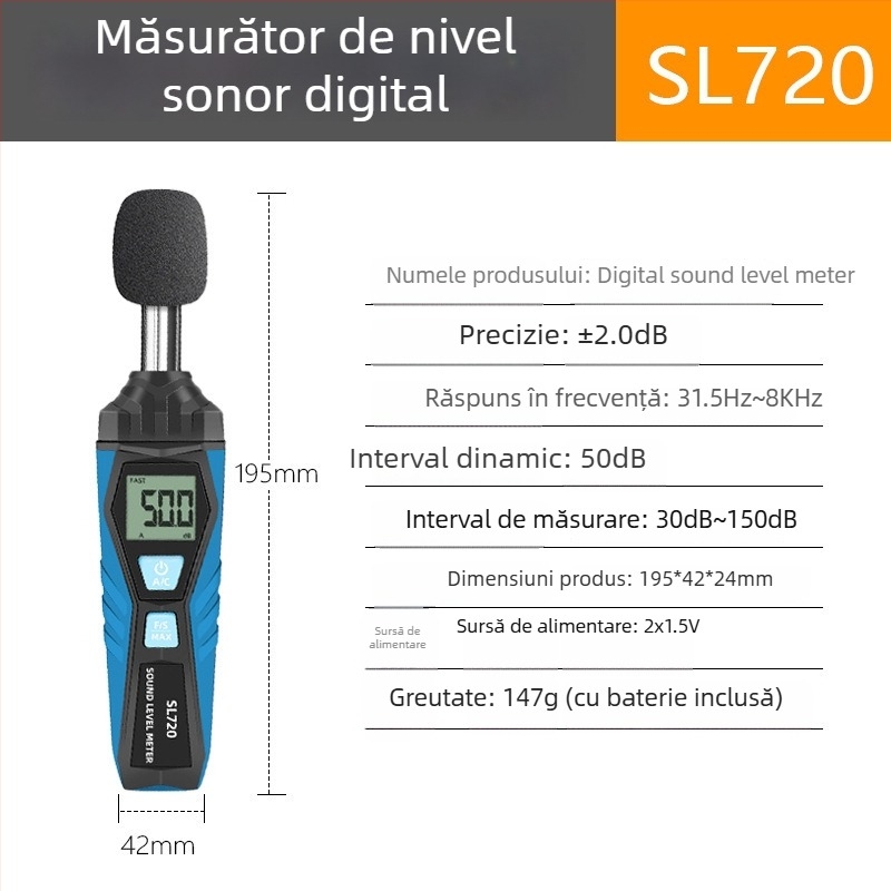 Măsurător digital de zgomot portabil, interval 30–150 dB, precizie ±2.0 dB, rezoluție 0.1 dB, temperatură de funcționare 0–40°C